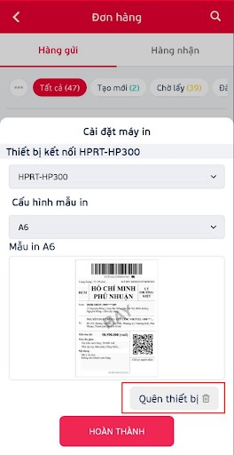 Trạng thái máy in đã kết nối thành công và tùy chọn quên thiết bị