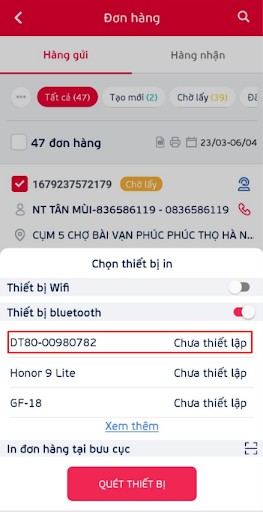 Danh sách máy in Bluetooth khả dụng để kết nối trên ứng dụng