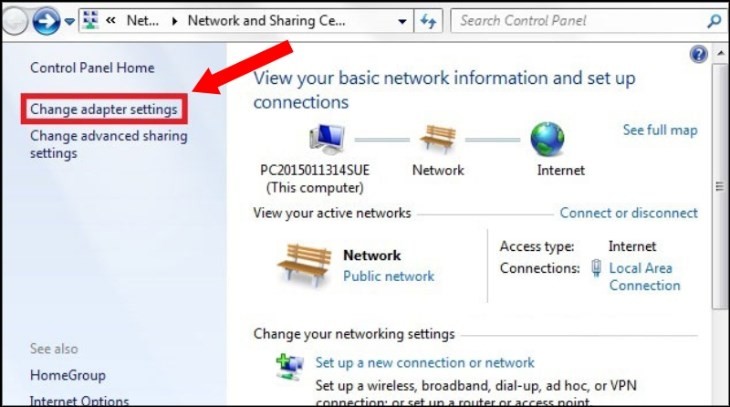 Chọn Change Adapter Settings để truy cập cài đặt card mạng cho máy in