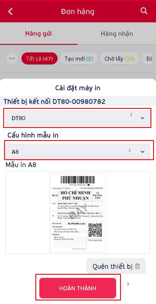 Chọn mã thiết bị và cấu hình mẫu in cho máy in Bluetooth