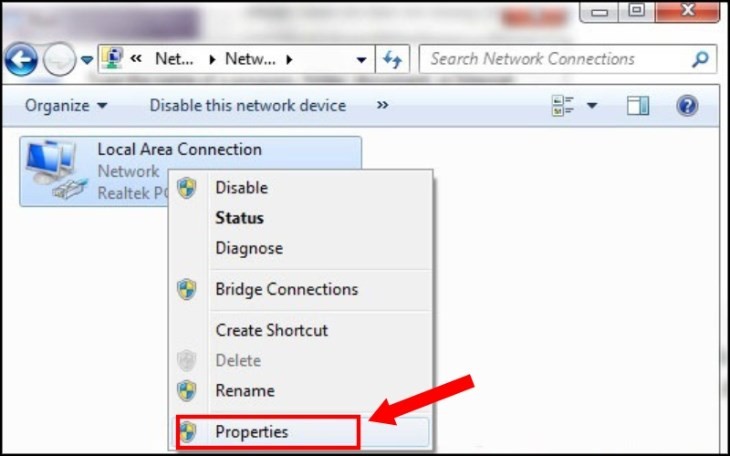 Truy cập Properties của kết nối mạng Local Area Connection để chỉnh sửa IP