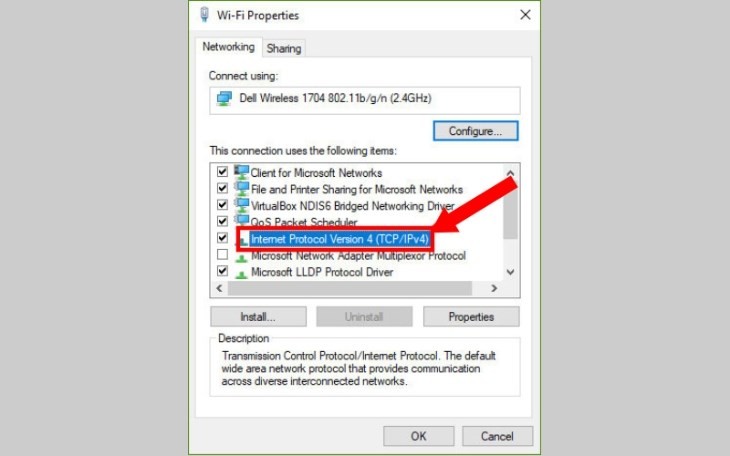 Chọn Internet Protocol Version 4 (TCP/IPv4) để cài đặt địa chỉ IP máy in