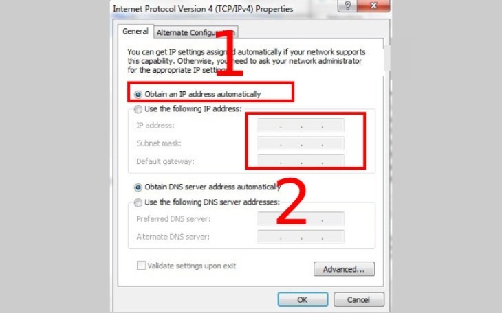 Thiết lập Obtain an IP address automatically cho máy in trong cài đặt TCP/IPv4