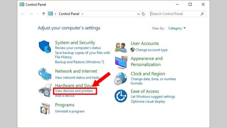 Chọn View devices and printers trong Control Panel để xem danh sách máy in