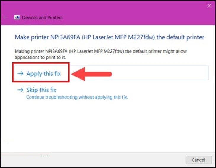 Nhấn Apply this fix để Windows tự động áp dụng bản sửa lỗi cho máy in