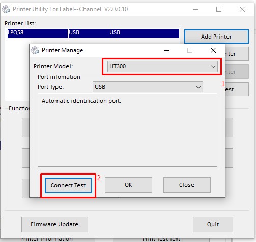Kiểm tra kết nối với máy in HPRT HT300 trong utility