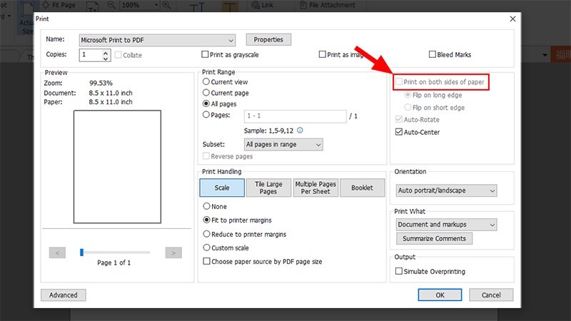 Chọn tùy chọn Print on both sides để in 2 mặt tự động PDF