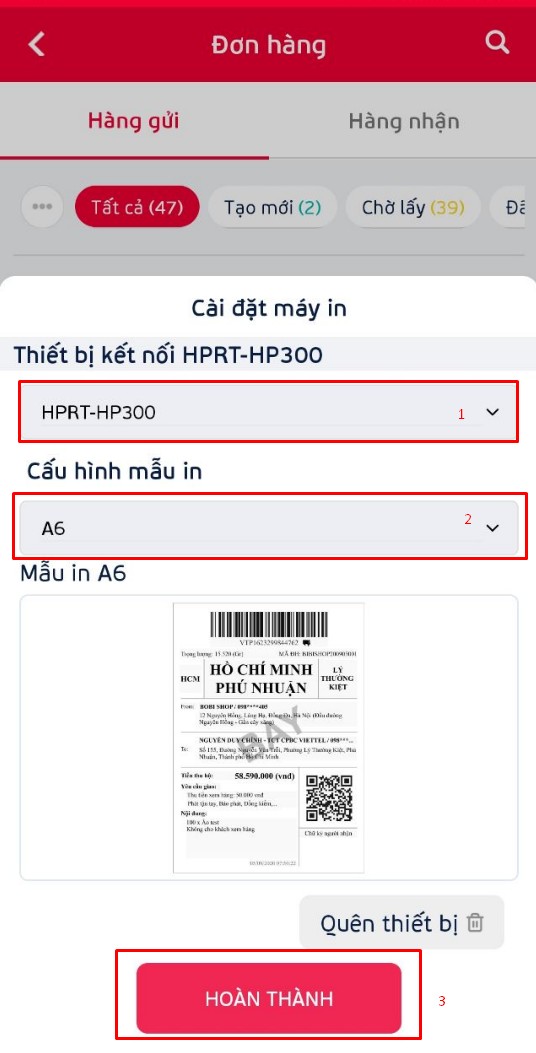 Chọn mã thiết bị và cấu hình mẫu in trước khi hoàn thành kết nối