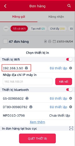 Click chọn địa chỉ IP máy in đã thiết lập để in đơn hàng
