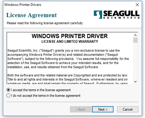 Giao diện chấp nhận điều khoản cài đặt driver Xprinter 350B