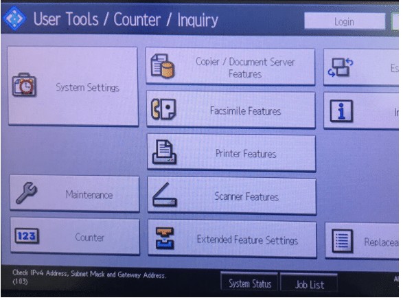Màn hình System Settings trên máy photocopy Ricoh để cấu hình các thông số hệ thống