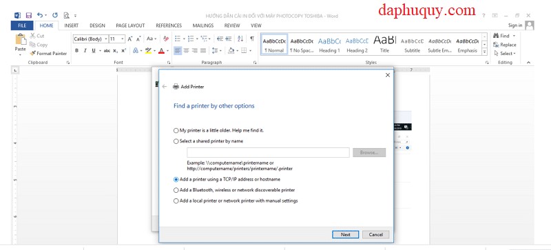 Chọn Add a printer using a TCP/IP address or hostname để cài đặt máy in mạng