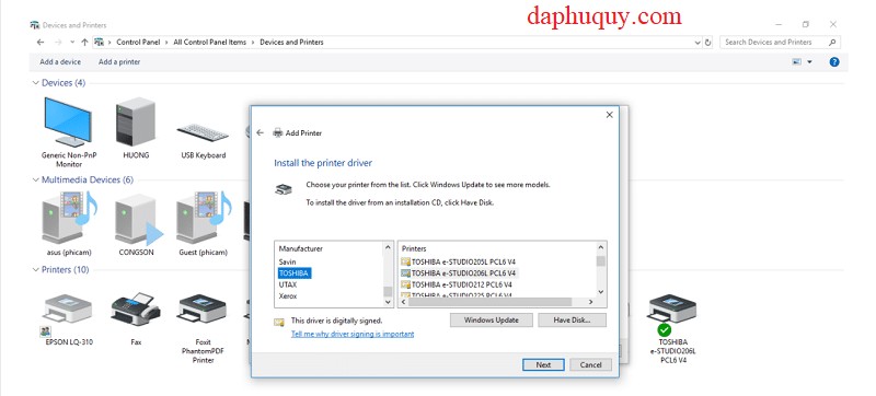 Chọn driver máy in từ danh sách hoặc sử dụng Have Disk để cài từ file