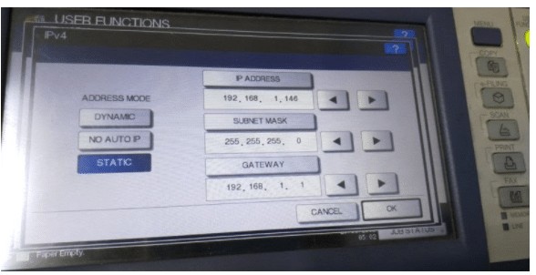 Thiết lập địa chỉ IP tĩnh cho máy photocopy Toshiba trong cài đặt mạng IPv4