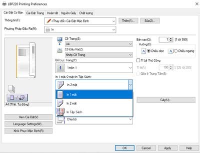 Chọn chế độ in 1 mặt hoặc in 2 mặt mặc định cho máy in Canon