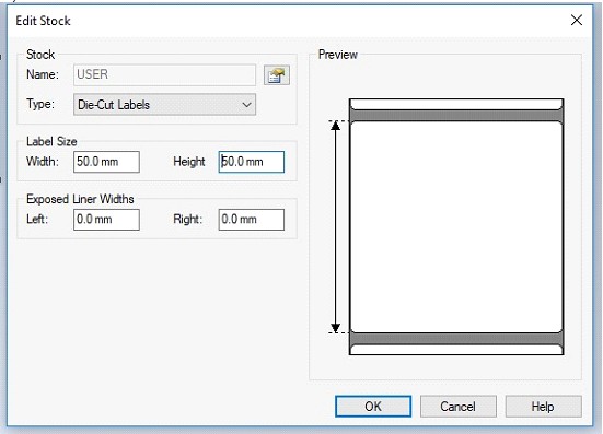 Giao diện điều chỉnh kích thước khổ tem Xprinter 350B 50x50mm