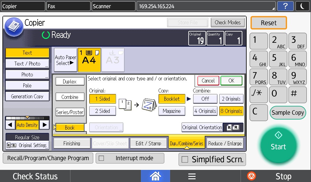 Giao diện tùy chọn Booklet Combine trên máy photocopy để ghép nhiều trang tài liệu