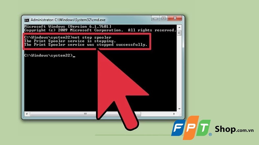 Nhập lệnh net stop spooler để dừng tiến trình in trong CMD