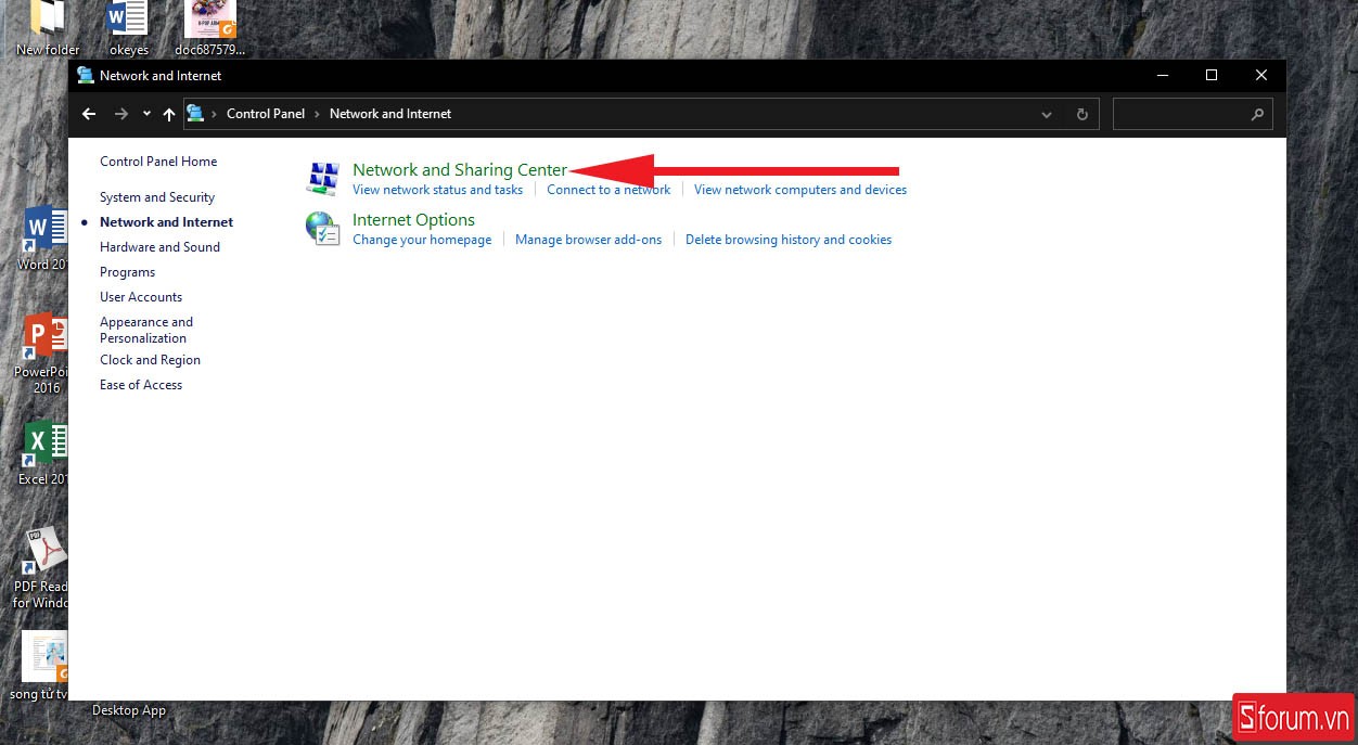 Mở Network and Sharing Center để cấu hình chia sẻ mạng