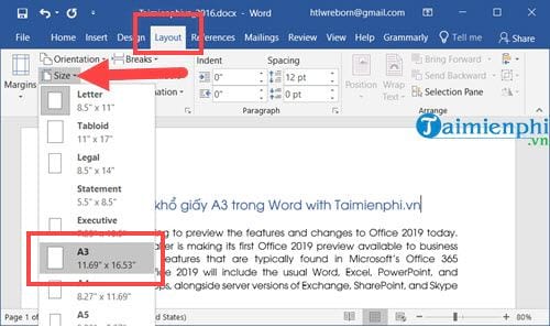 Chọn khổ giấy A3 trong Word 2019, 2016, 2013, 2010, 2007, 2003