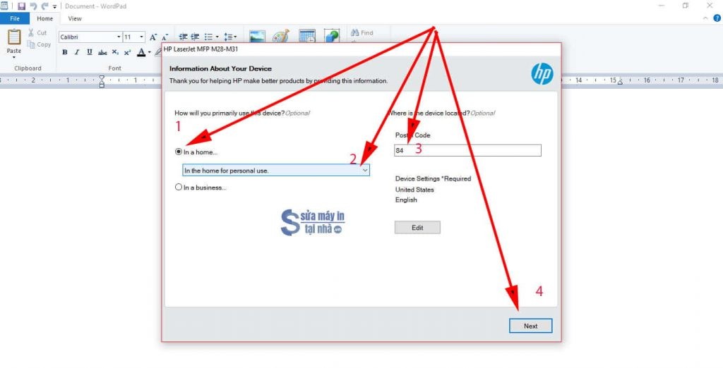 Chọn mục đích sử dụng hoặc khu vực khi cài driver máy in HP M28a