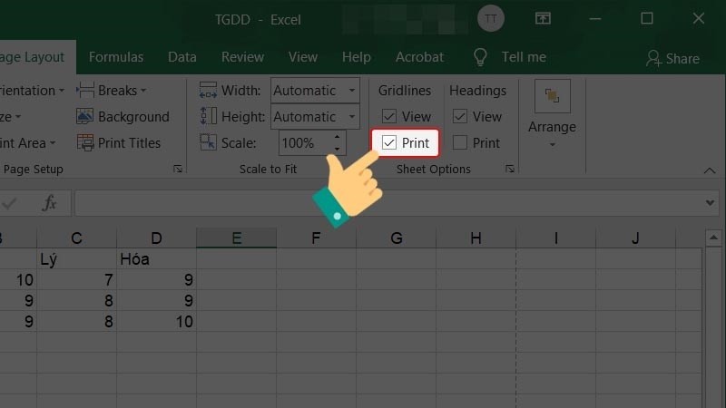 Tích chọn ô Print trong mục Gridlines để in đường lưới cột