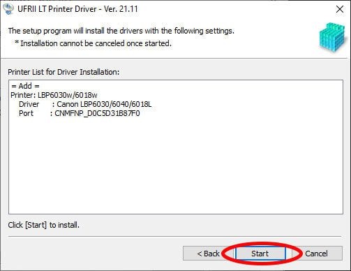 Nhấn Start để bắt đầu cài đặt driver cho Canon 6030w qua wifi