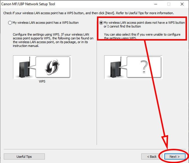 Thông báo điểm truy cập không có nút WPS khi cài wifi Canon 6030w