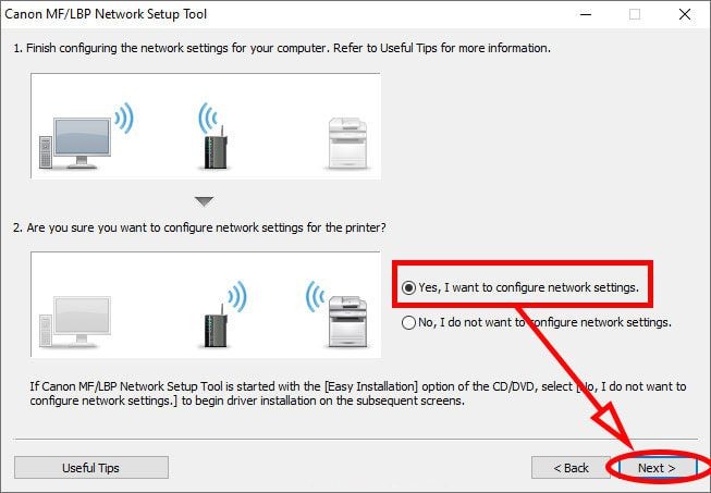 Xác nhận đồng ý cấu hình cài đặt mạng cho máy in Canon 6030w