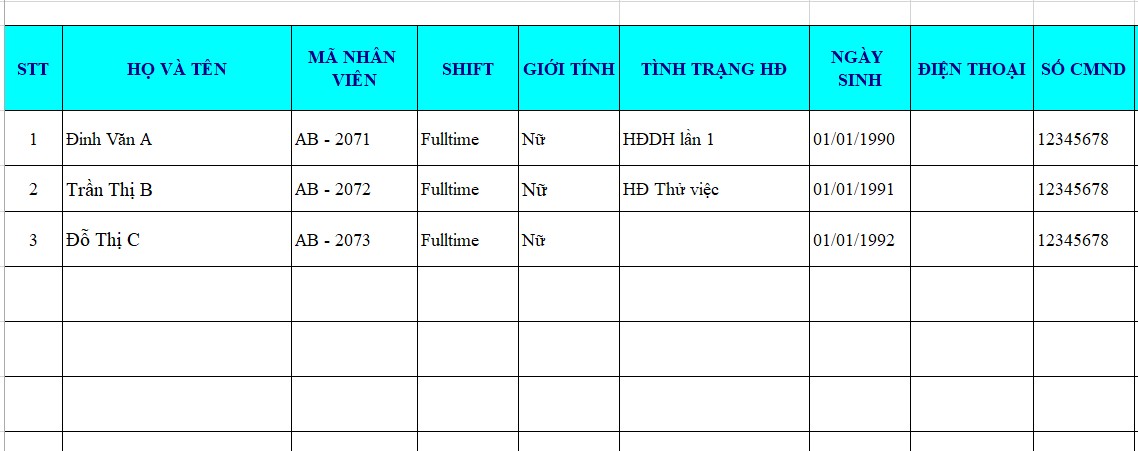 Bảng dữ liệu nhân viên dùng cho trộn thư Mail Merge