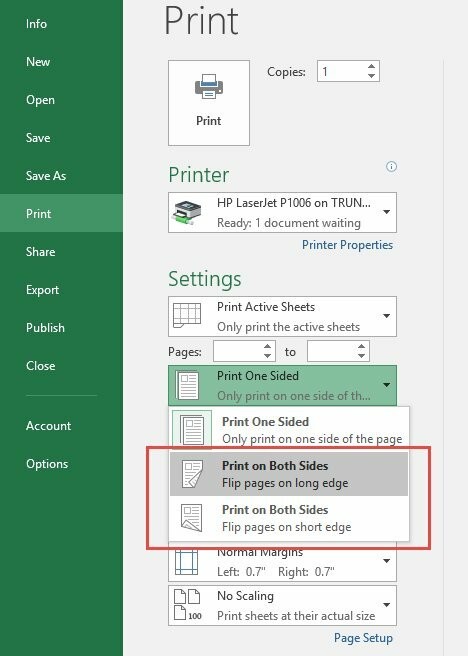 Lựa chọn lật giấy cạnh dài hoặc cạnh ngắn khi thực hiện cách in 1 tờ 2 mặt trên Excel