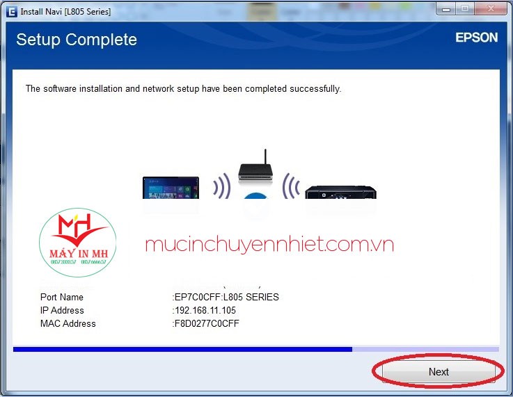 Hoàn tất thiết lập WiFi cho Epson L805 hiển thị thông tin kết nối