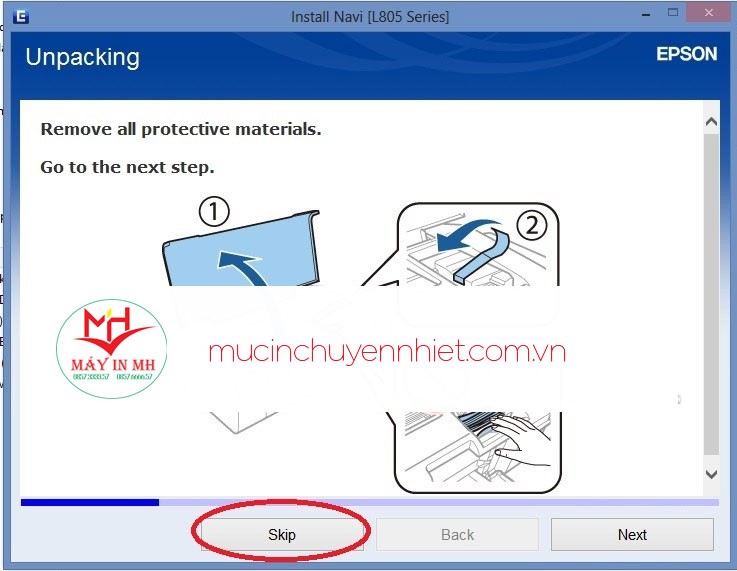 Bỏ qua bước hướng dẫn lắp ráp ban đầu khi cài đặt Epson L805