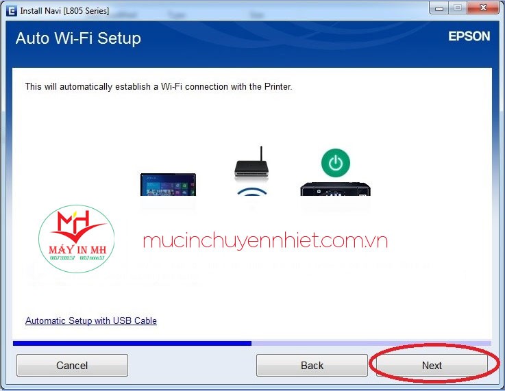 Kích hoạt WiFi trên máy in Epson L805 và nhấn Next trên máy tính