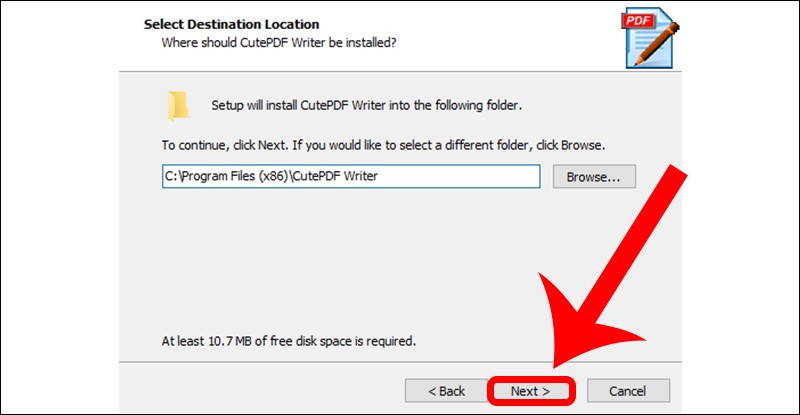 Màn hình tiến hành cài đặt phần mềm CutePDF Writer