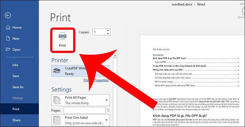 Nút Print để bắt đầu quá trình tạo file PDF bằng CutePDF Writer