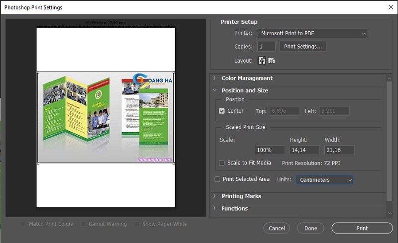 Giao diện cài đặt Position and Size trong Photoshop để điều chỉnh kích thước in tràn lề