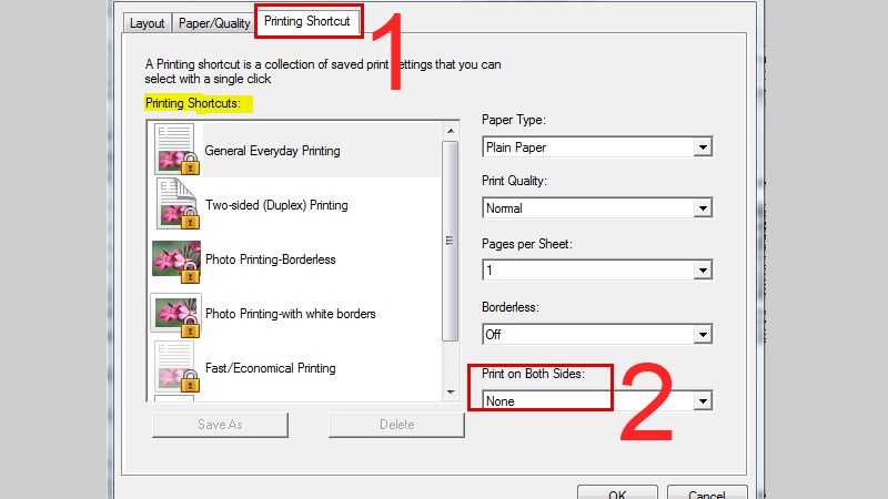 Sử dụng Printing Shortcuts để cài đặt cách in 2 mặt giấy ngang nhanh chóng