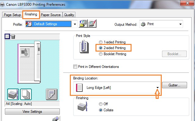 Thiết lập Short Edge trong Finishing cho cách in 2 mặt giấy ngang không lỗi