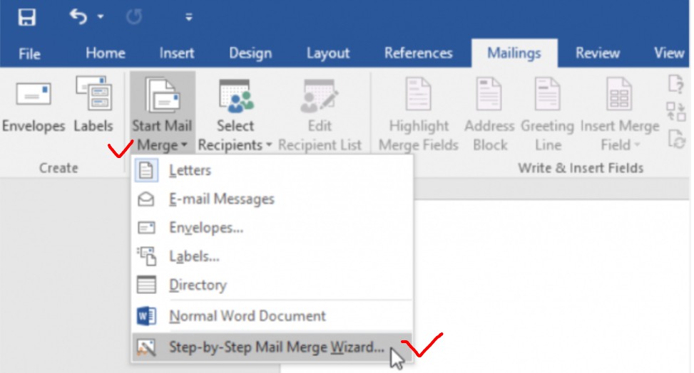 Chọn chức năng Start Mail Merge trong Word