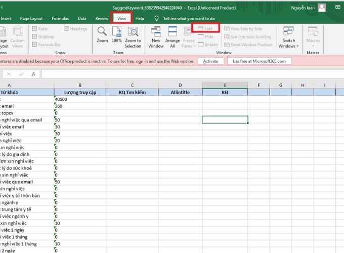 Chia màn hình Excel bằng chức năng Split để tiện theo dõi dữ liệu