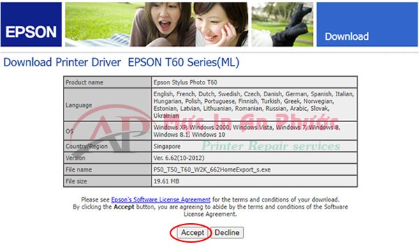 Giao diện tải driver Epson T60 từ trang chủ Epson sau khi chấp nhận điều khoản