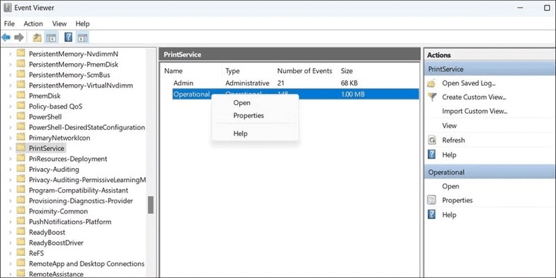 Kích hoạt ghi nhật ký PrintService trong Event Viewer Windows để lưu lịch sử in