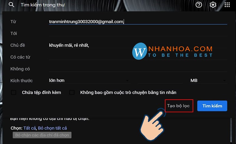 Thiết lập các tiêu chí cho bộ lọc chặn email rác trong Gmail trên máy tính.