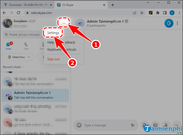 Truy cập cài đặt để quản lý tài khoản Skype Online