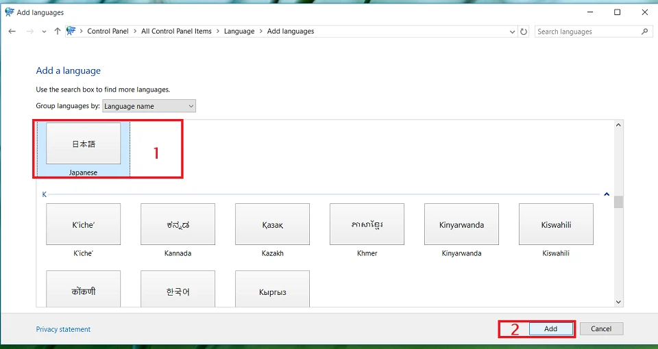 Chọn Japanese và Thêm Ngôn Ngữ