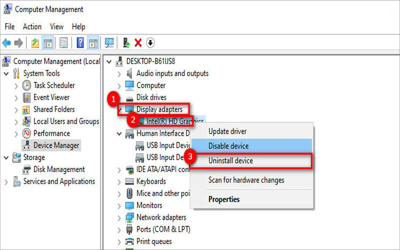 Tùy chọn Uninstall Device để gỡ cài đặt driver card đồ họa bị lỗi
