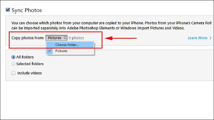 Chọn thư mục ảnh để đồng bộ qua Finder