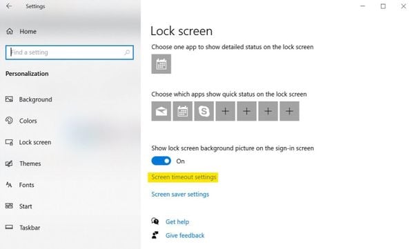 Chọn Screen timeout settings để cấu hình thời gian khóa máy tính Win 10