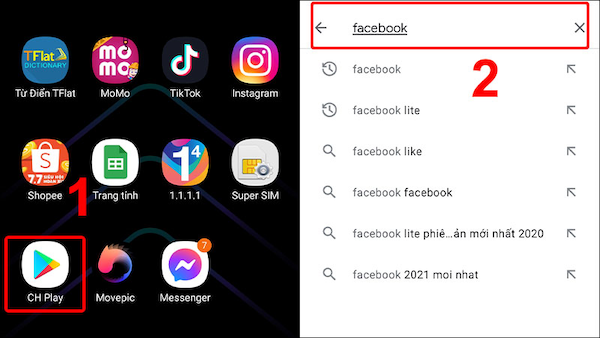 Giao diện cửa hàng CH Play trên điện thoại Android để tải Facebook